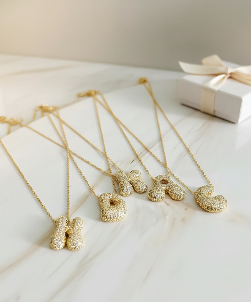 Initial Bubble Necklace - Classic 18K Gold Jewelry Set